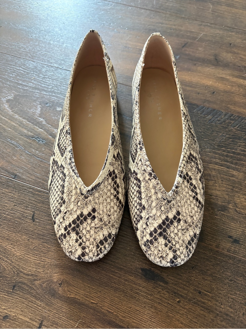 Marc Fisher Snake-Print V-Cut Ballet Flats in Beige and Black